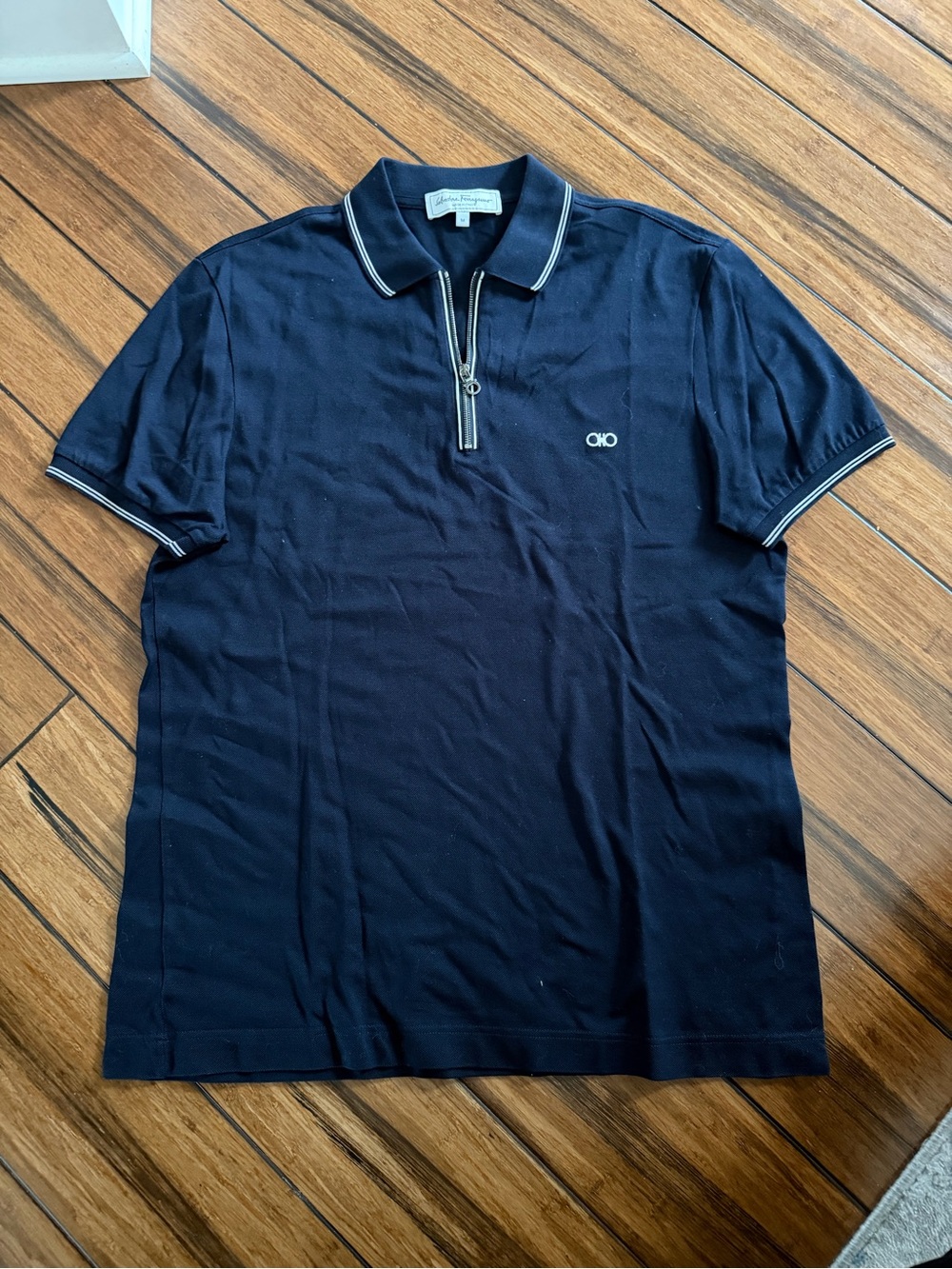 Salvatore Ferragamo Navy Polo with Contrast Trim and Zip